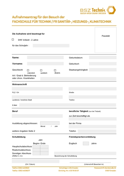Aufnahmeantrag für den Besuch der FACHSCHULE FÜR TECHNIK /FR Sanitär-, Heizungs-, Klimatechnik