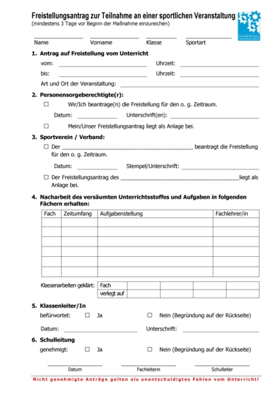 Freistellungsantrag zur Teilnahme an einer sportlichen Veranstaltung (für gedehnte Fachoberschule)