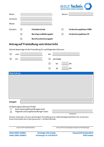 Freistellungsantrag vollzeitschulische Maßnahmen - Bitte die Bearbeitungszeit von 3 Werktagen beachten!