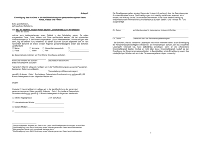 Formular - Einwilligung des Schülers in die Veröffentlichung von personenbezogenen Daten, Fotos, Videos und Filmen