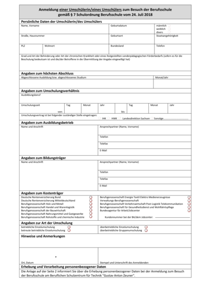 Anmeldung UmschülerIn an der Berufsschule